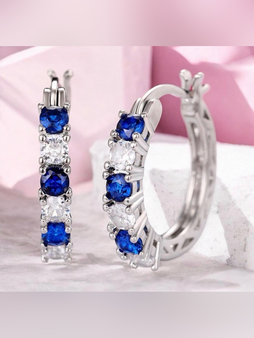 Silver Blue and CZ Hoop Earrings
